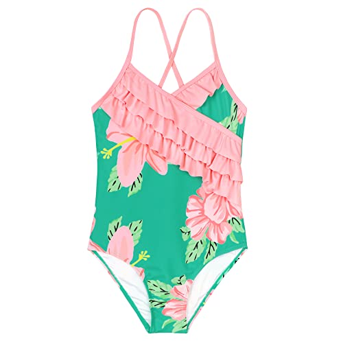 Zando Little Girls Bathing Suits One Piece Ruffle Kids Swimsuits One-Piece Baby Girls Swimsuit Size 6-7 Girls' Ruffle Sling Swim Suits UPF 50+ Beach Girls Bathing Suit 2-10 Floral Pink Ruffles 6-7