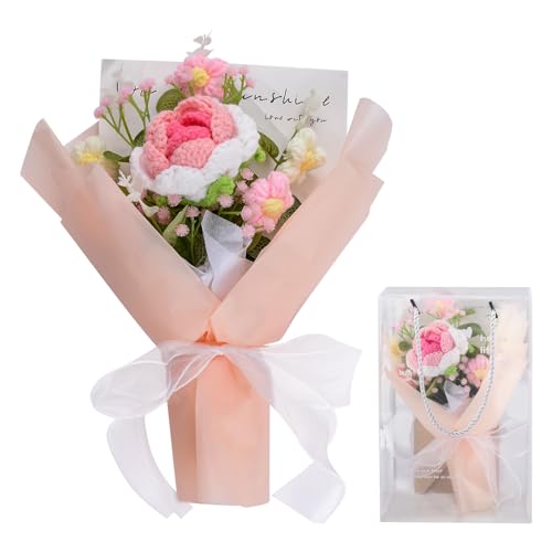 Bouquet de fleurs artificielles tricotées main rose HICOHAND avec porte-carte