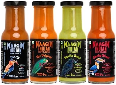 NAAGIN - Indian Hot Chilli Spicy Sauce - The Original, Kantha Bomb, Smoky Bhoot & The 65, Bottle (230gm Each, Pack of 4)