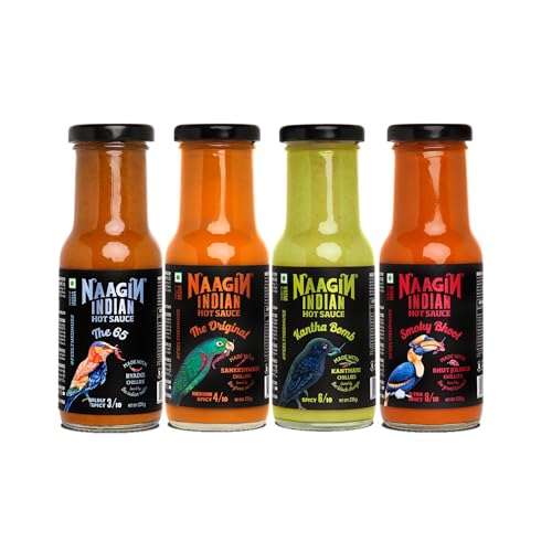 Image of NAAGIN - Indian Hot Chilli Spicy Sauce - The Original, Kantha Bomb, Smoky Bhoot & The 65, Bottle (230gm Each, Pack of 4)
