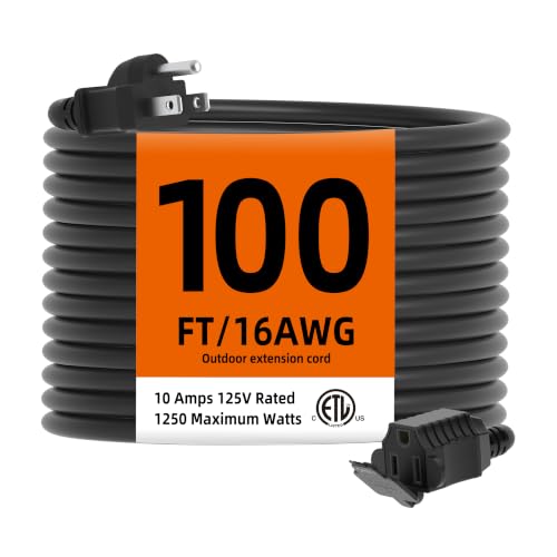 TiFFCOFiO Indoor Outdoor Extension Cord Waterproof 100 Feet 3 Prong Power Cord for Home and Garden 16 AWG 13A/1625W ETL Listed
