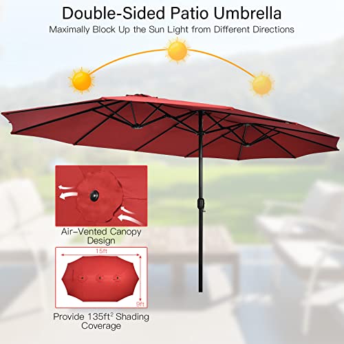 Image of Tangkula 15FT Double-Sided Patio Umbrella with Base, Extra-Large Market Umbrella W /Crank System, Outdoor Twin Umbrella W / 12-Rib Metal Structure & Air Vents for Garden, Backyard, Poolside (Burgundy)