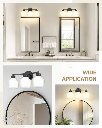 Image of Emak Modern Black Bathroom Lighting Fixtures Over Mirror, Farmhouse 3-Light Vanity Lights with Milk Glass Shade for Bathroom, Mirror, VL122-BK-ML-3