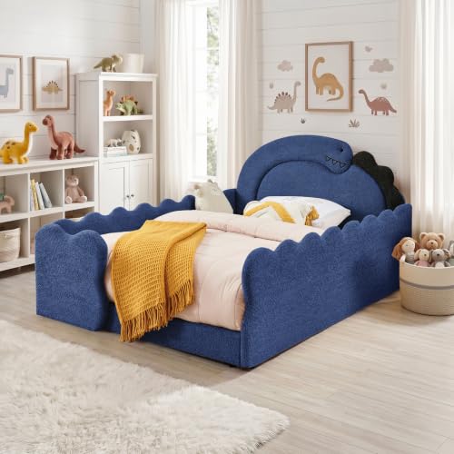 Image of Full Size Kids Bed with Dinosaur Headboard, Upholstered Boucle Fabric Twin Daybed with Slats Support & Side Pocket, Space-Saving Wooden Corner Sofa Couch Day Bed Frame for Girl, Boy, Teenager(Blue)