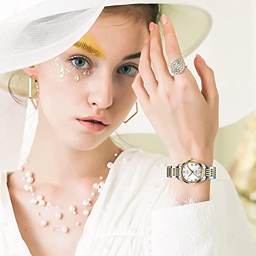 Olevs Womens Automatic Watches Self Winding Stainless Steel Mechanical Diamond Two Tone White Ladies Watches Luminous Waterproof Wrist Watch For Women #TOP3