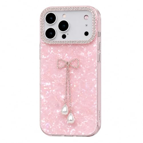Image of mobistyle Compatible with iPhone 17 Pro | Shell Pattern with Bow Tassel and Daimond Camera Lens Protection Back Cover Case for Women Girls iPhone 17 Pro (Pink)