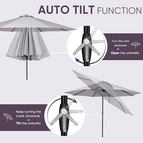 Image of Tempera 9ft Patio Market Outdoor Table Umbrella with Auto Tilt and Crank, Large Sun Umbrella with Sturdy Pole & Fade Resistant Canopy, Easy to Set, Grey