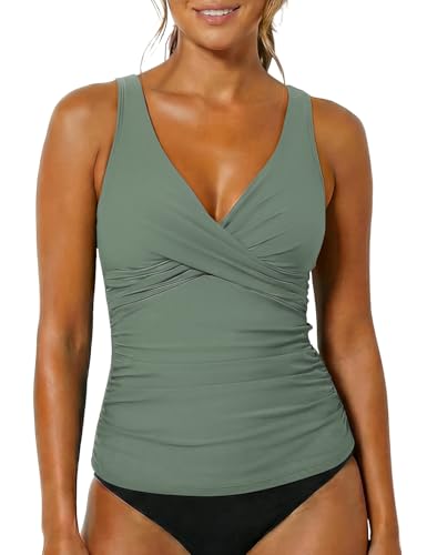 Model wearing olive green Firpearl Tankini