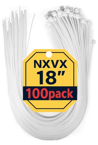 NXVX 18 Inch Heavy Duty Nylon Zip Ties – 100PCS White Cable Ties for Home, Garden, Industrial & Automotive Use
