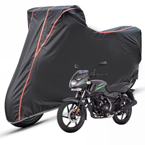 Image of Two Wheelers Bike Body Cover Compatible for Bajaj Pulsar 125, UV Resistant, Dustproof, Triple Stitched, Elastic Bottom, Red Piping Motorcycle Cover (Black, Pack of 1)