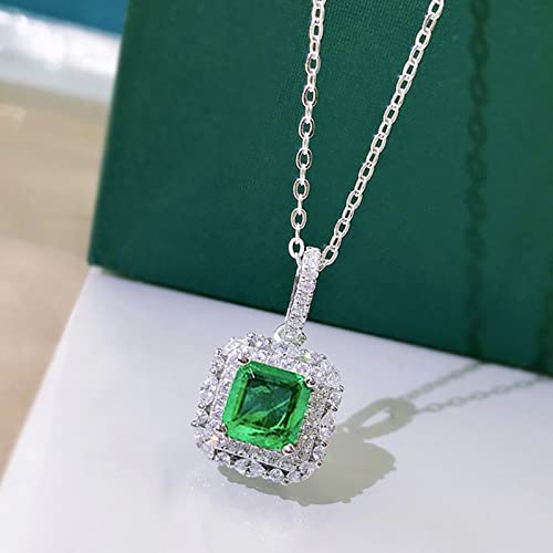 Yunkai Sterling Silver Emerald Necklace, 2Ct Lab Grown Emerald Princess Cut(7Mm) Halo Simulation Diamond Pendant Hypoallergenic White Gold Plated Jewelry Gifts For Her Birthday Day Christmas Gift #TOP5