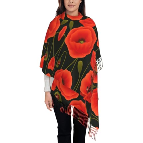 Poppy Flowers Print Women'S Fringed Scarf Soft Lightweight Polyester Tassel Scarf Fall Winter Fashion3