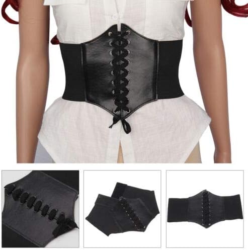 Waist Cincher Corset Wide Band Elastic Tied Waspie Belt Leather Black