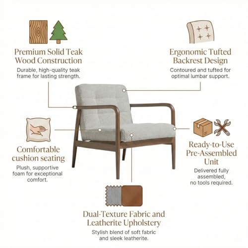 Image of Kingsman Furnitures Benette Premium Teak Wood Armchair for Living Room | Bedroom | Drawing Room | Elegant Matte Finish with Luxurious | Comfortable and Durable Seating (BENETT-Boucle)