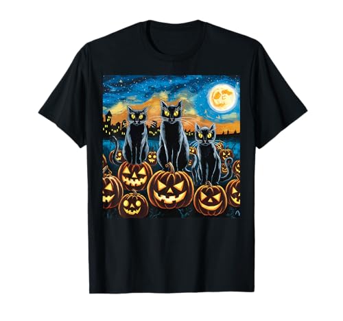 Black Cat Halloween Cat Lovers Starry Night Cat Van Gogh Cat Camiseta