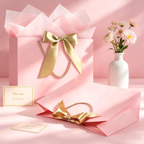 Image of JMANNI Gift Bags with Handles, 13 inch Medium Gift Bag for Presents, 4 Pcs Bags with 8 Tissue Paper and 4 Cards for Graduation Baby Shower Wedding Fathers Day Mother's Day Birthday Party(pink)