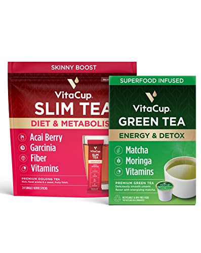 VitaCup Slim Instant Tea Packets 24ct Oolong Tea w/Acai, Fiber, Vitamins + VitaCup Green Tea Pods16ct w/Matcha, Moringa, Fiber, & Vitamins for Detox & Metabolism