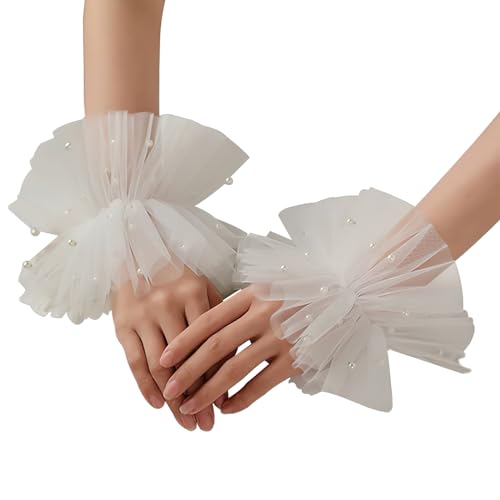 AUOCATTAIL White Short Lace Fingerless Glove Bridal Pearl Tulle Fingerless Wrist Cuffs Gloves for Women Girls Wedding Party Costume Accessories