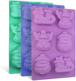 SENHAI 3 Pack Christmas Silicone Molds, Soap Chocolate Trays Cake Baking Pans, with Shape of Snowman Reindeer Sleigh, 6 Cavities - Purple, Blue, Green