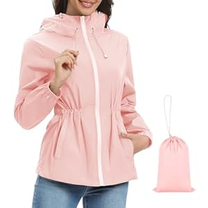 Nadeer Regenjas voor dames, waterdichte regenjas met capuchon, dun, licht, ademend, outdoorjas, windbreaker, opvouwbaar, overgangsjas met opbergtas