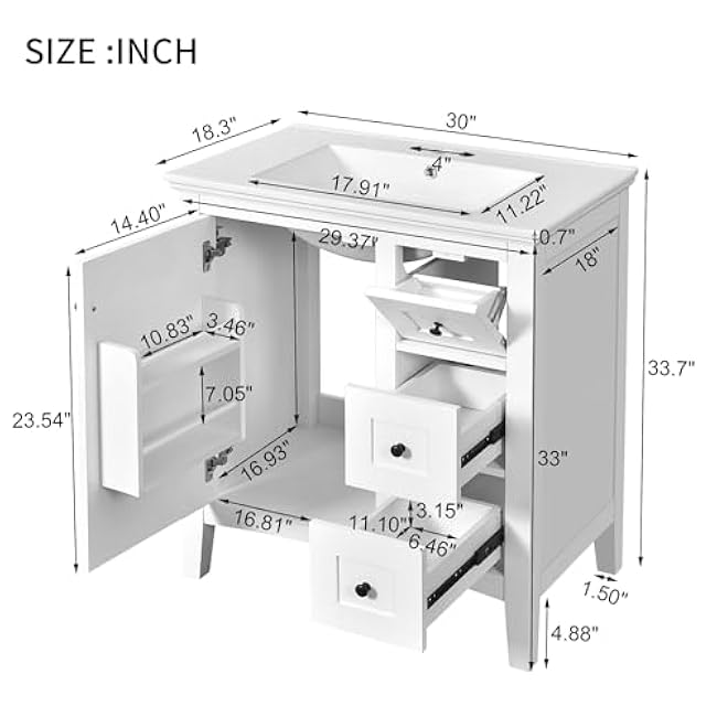 30 Inch Bathroom Vanity with Ceramic Sink,Single Sink Bathroom Storage Cabinet with 3 Drawers, Solid Wood Frame Modern Bathroom Vanity Set (White + Ceramic + Solid Wood+MDF + Solid Wood+MDF)
