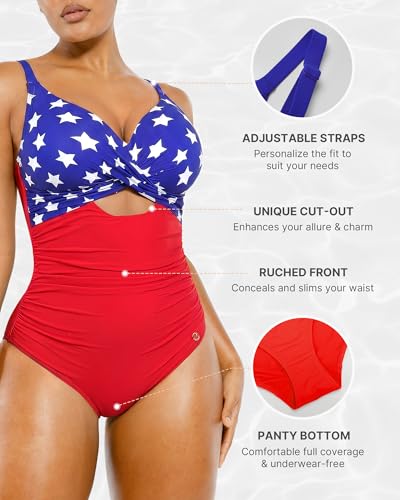 Image of SHAPELLX Tummy Control Swimsuits Women V Neck One Piece Bathing Suit Ruched Push Up Slimming Swimwear Built-in Bra