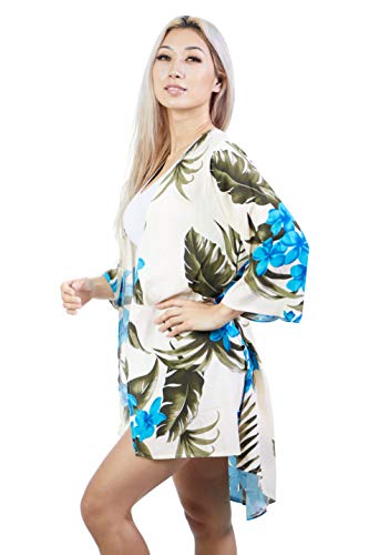 Women's Tropical Hawaiian Floral Print Kimono Beach Coverup (Large, Floral Cream/Blue)