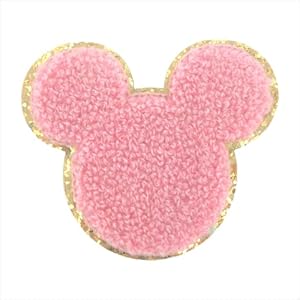 ZOOX Gold Glitters & Pink Chenille Varsity Initial Patches, Adhesive Sticker Iron On, 2.75” Height (Mickey)