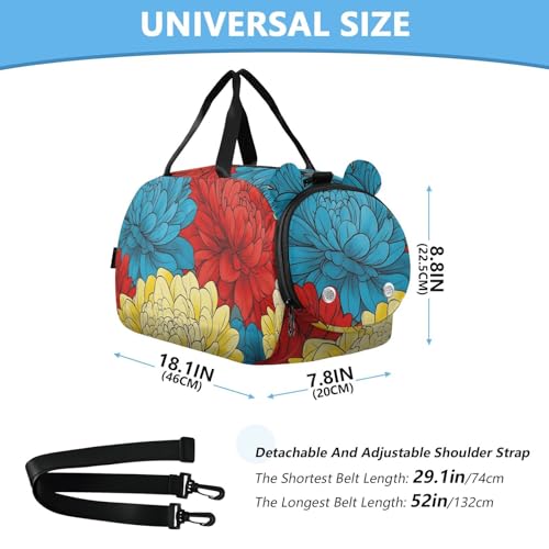 Kids Sports Duffel Bag for Boys & Girls - Colorful Floral Chrysanthemum Pattern 100% Polyester Gym Bag with Separate Shoe Compartment, Adjustable Shoulder Strap, Compact Travel & Workout Gea3