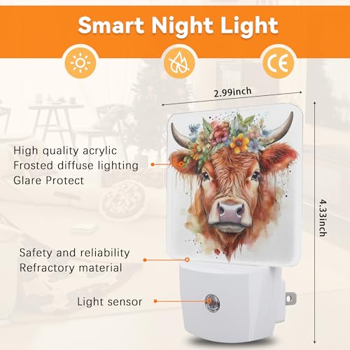 Image of Cute Highland Cow Night Lights Plug into WallFlower Watercolor Decorative Night Light Dusk to Dawn LED Lamp for Bedroom Bathroom Living Room