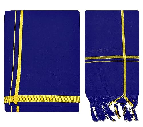 Kolakeer™ Men's Cotton Color Dhoti Set - 1.9 Mtrs Dhoti with 1.2 Mtrs Angavastram - Pentex Mundu Angavastram Set (Blue)