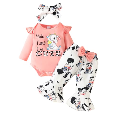 Image of Lucikamy Newborn Baby Girl Fall Winter Outfits Cute Ruffle Long Sleeve Ribbed Romper Top Bow Pants with Headband