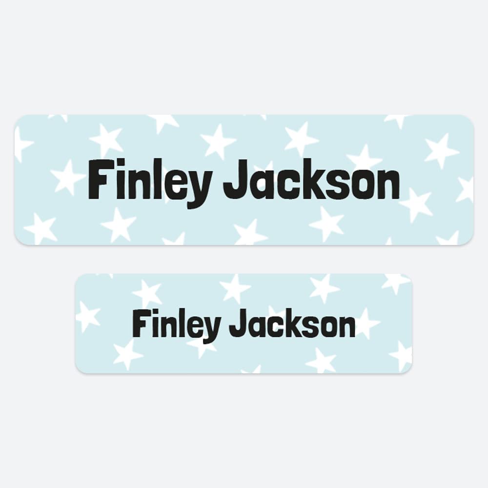 50 x No Iron Personalised Stick On Waterproof Washable Name Labels Great for Clothes, School Uniform, Equipment, Shoes. School, Nursery, Day Care, Hospital - Doodle Stars Blue