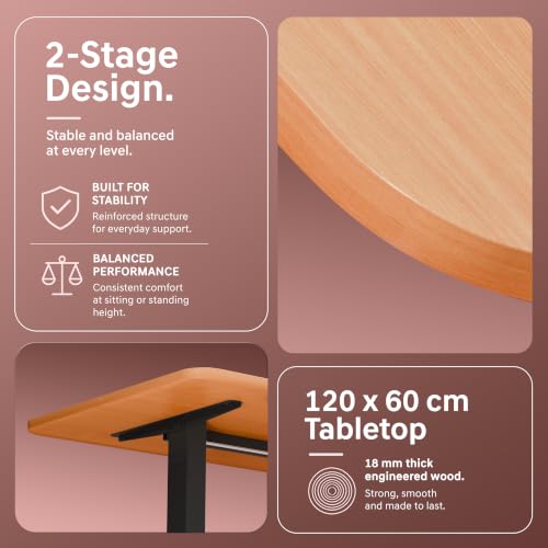 Image of V ONE Electric Standing Desk with One-Piece Solid Top | Heavy Duty Height Adjustable Computer Desk | 3 Memory Preset | 5 Year Warranty | for Home Office (Baverian Beach, 120 * 60 CM)