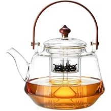 40oz Glass Teapot with Anti-Drip Spout, Peach Wood Handle and Lid, Heat-Resistant Borosilicate Glass, Dual Infusers for Steaming and Boiling
