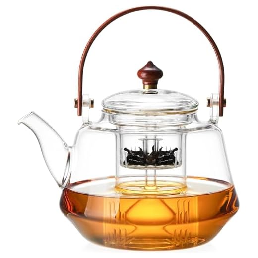 DOPUDO SUNDIAL Glass Teapot, Stove Top Safe, Borosilicate Glass Kettle with Removable Infuser, Heat Resistant Wood Handle for Blooming Flower Tea- 1250ml/ 42oz