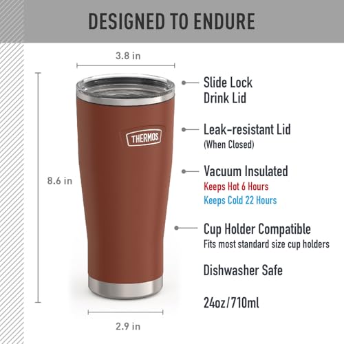 Image of THERMOS Icon Series 24oz Stainless Steel Tumbler with Slide Lock Lid, Leakproof, Fits Cupholder, Dishwasher Safe, Griptec Non‑Slip Base, Keeps Drinks Hot 6 Hrs /Cold 22 Hrs, Saddle