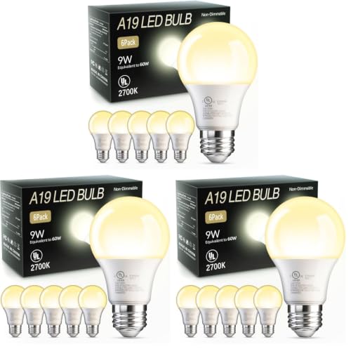Image of TJOY 18 Pack A19 LED Light Bulbs, 60 Watt Equivalent LED Bulb, Soft Warm White 2700K, Efficient 9W, E26 Standard Base, Non Dimmable Energy Saving Lightbulb, 800LM, 80 CRI, 120V, UL Listed