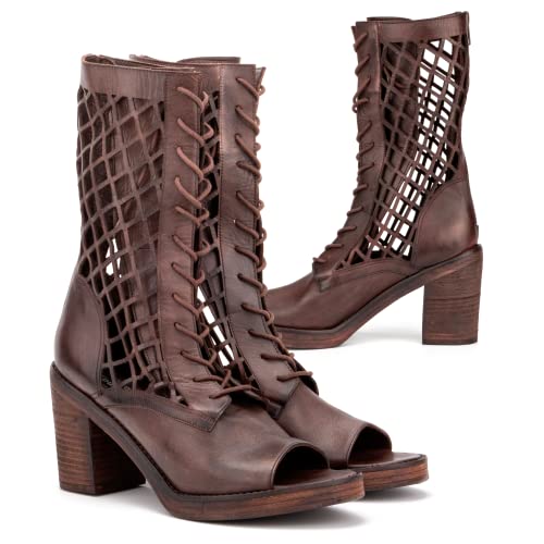 Vintage Foundry Women Normandy Open Toe Strappy Laser Cutout Caged Mesh Fishnet Mid Calf Top Backstrap Ankle Strap Cuff Chunky High Heels Platform Sandals Adjustable Laces Zipper Beach Cruise Poolside; Size 7.5 #TOP1