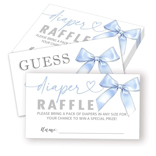 50Pcs Diaper Raffle Tickets, 3.5" x 2" Blue Bow Diaper Raffle Cards for Baby Shower, Gender Reveal Games Activities and Decorations for Baby Shower Nappy Raffle -A15