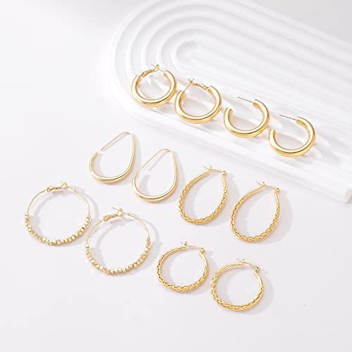 Cuicanstar 6 Pairs Chunky Gold Hoop Earrings Hypoallergenic 14K Gold Hoops Lightweight Waterdrop Earrings Twisted Hoop Earrings Set For Women Girls #TOP4