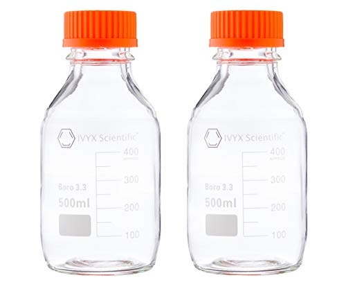 Ivyx Scientific Round Media Storage Bottle, Borosilicate Glass, With Gl45 Screw Cap - Pack Of 2 (500 Ml) #TOP17