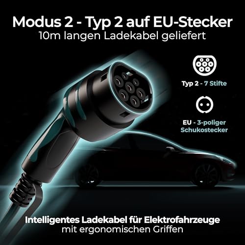 Masterplug VE cavo di ricarica per veicoli elettrici e ibridi, 10 metri, modalità 2, spina Schuko a 3 pin EU a caricabatterie da auto tipo 2, 3,6 kW 16 A, EVCM221610G/EU - 3