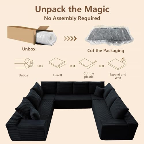 Image of Oversized Modular Sectional Sofa Couch, Large 8 Seater Corner Sofa Modern U Shaped Sectional Couch Cloud Couches for Living Room, Office, Spacious Space, Corduroy, No Assembly Required, Black