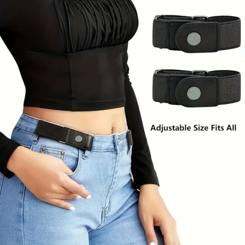 2pcs/set Casual Adjustable No Buckle Canvas Women Men Pants Buckle Elastic Belt Stretch Belt Waist Belt(black)2