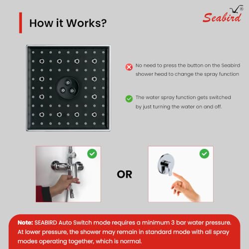 Image of SEABIRD ABS AutoSwitch 6x6 Inch Shower Head | 3 Modes: Rain, Dancing & Mist | Auto Mode Change via ON /OFF Works Only with 3 Bar Water Pressure or Pump | Low Pressure May Cause Single /Mixed Modes