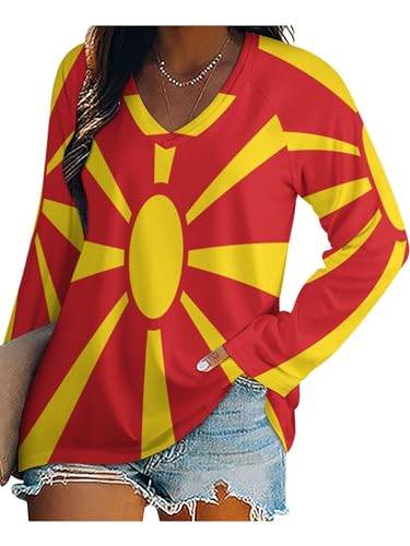 Mujer Camisa Holgada De Manga Larga Blusa Informal con Estampado Bandera Geométrica De Macedonia Blusones Mujer Tallas Grandes Casual Camisas De Primavera Verano Cómodo Ligero Shirt