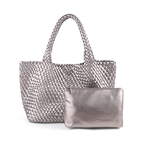 Image of Woven Tote Bag for Women Retro Handwoven Shoulder Travel Handbag Large Capacity Hobo Vegan Leather Bags with Purse