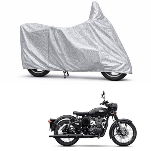 Image of 100% Waterproof Two Wheeler Body Cover Multi Layered Fabric Designed for Royal Enfield 500 | Belt Buckle Lock | Silver Mag