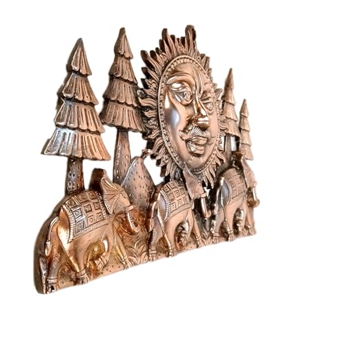 Apka Mart The Online Shop Sun with 3 Elephants Wall Hanging - for Vastu, Feng Shui, Home, Office, Living Room Wall Decor & Gifts (Metal - Alloy, Color - Copper Shade, Size - 20 Inch)